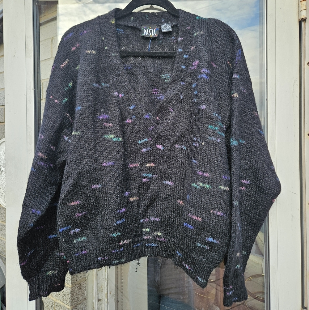 Vintage Pasta Mohair V-Neck Sweater with Multicolor Accents